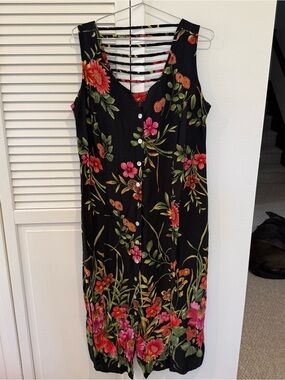 Vintage Sleeveless Black Floral Button-Front Dress - Pink & Red Blooms